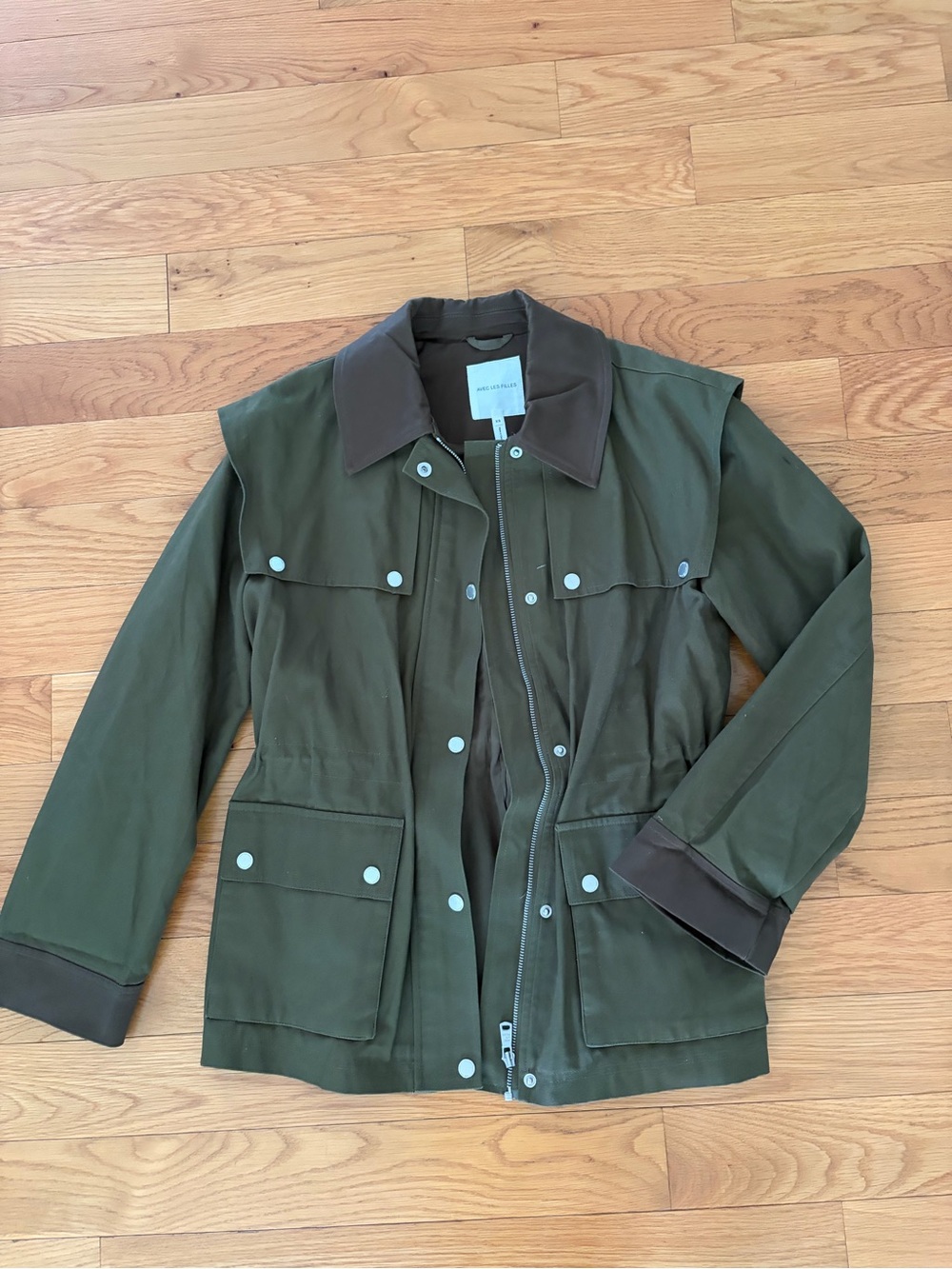 Avec Les Filles Olive Green Utility Jacket with Dark Brown Collar